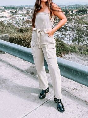 Blue Blush Khaki Strapless Cargo Jumpsuit with Tie Waist